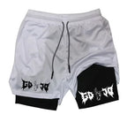 Black and white Gojo design shorts by Shonen Realm Apparel