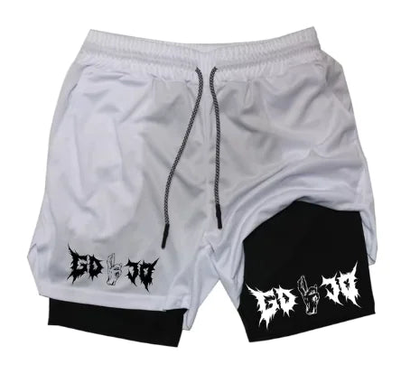 Black and white Gojo design shorts by Shonen Realm Apparel