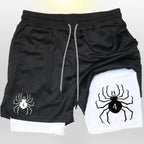 Black spider-inspired workout shorts by Shonen Realm Apparel