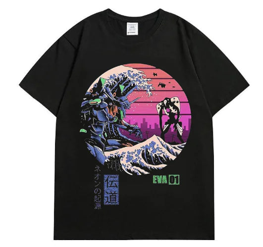 Classic Black Anime Street Sunset Wave T-shirt