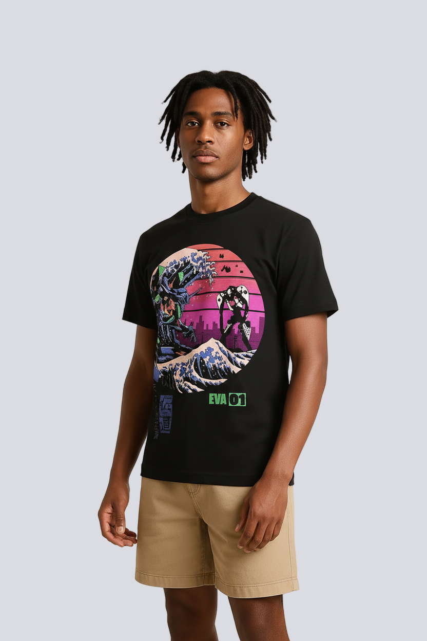 Classic Black Anime Street Sunset Wave T-shirt