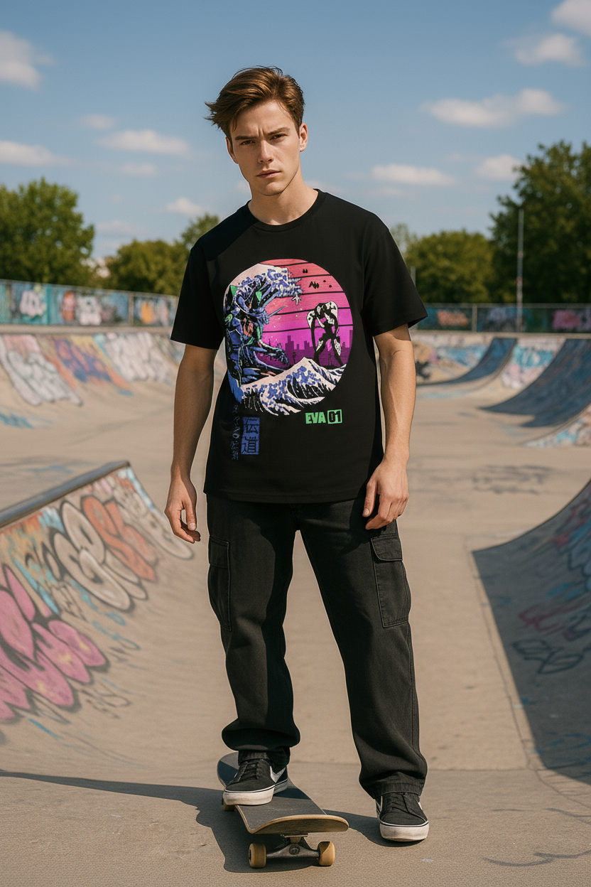 Classic Black Anime Street Sunset Wave T-shirt