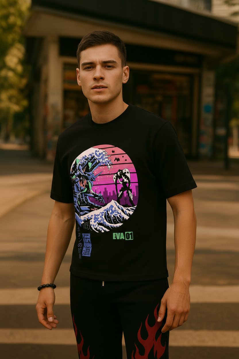 Classic Black Anime Street Sunset Wave T-shirt
