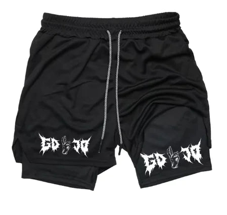 Close-up of Gojo graphic on Shonen Realm Apparel workout shorts