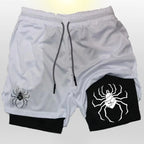Close-up of web pattern on Shonen Realm Apparel sports shorts in white