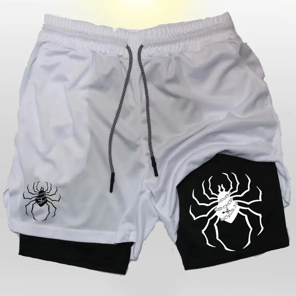 Close-up of web pattern on Shonen Realm Apparel sports shorts in white