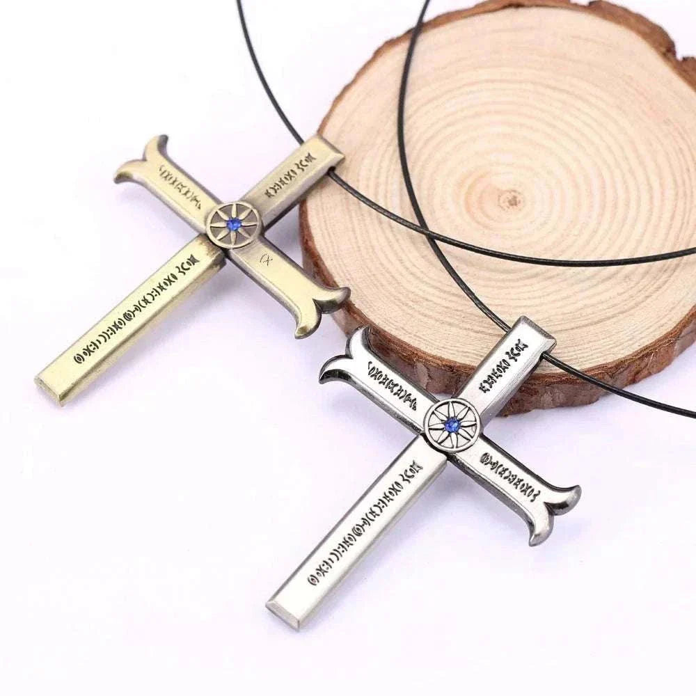 Cross Sword Pendant Necklace - Cross sword pendant e by Shonen Realm Apparel Two cross-shaped necklaces with engraved text 