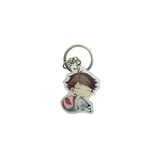Haikyuu Character Keychain Keychain with an anime character on a grid background holding a volley ball by Shonen Realm Apparel