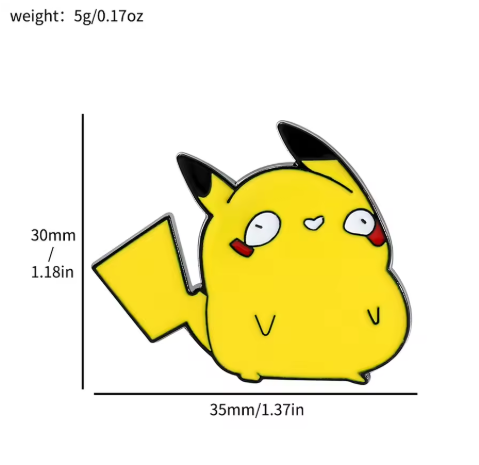Mini Anime Brooch Pins Electric Illustration of a yellow character with measurements 