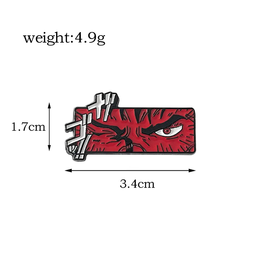 Windblade Pendant Red and black rectangular object with eye and text with measurements