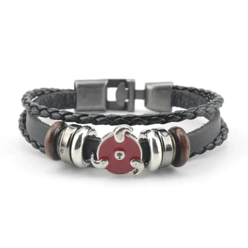 Uzumaki x Luffy x Levi Wrap Levi tribute wristband on display - Black braided leather bracelet with metal and wooden beads 