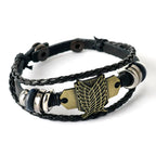Uzumaki x Luffy x Levi Wrap Luffy-style bracelet with alloy detail - Black braided leather bracelet with metal leaf charm 