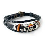 Uzumaki x Luffy x Levi Wrap One Piece anime bracelet detail shot - Black braided leather bracelet with skull and crossbones design 