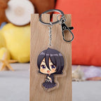 Soul Duo Acrylic Keychain front view - Anime character keychain on a wooden stand 