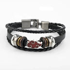 Uzumaki x Luffy x Levi Wrap Uzumaki-inspired leather bracelet flat lay - Black braided leather bracelet with metal beads 