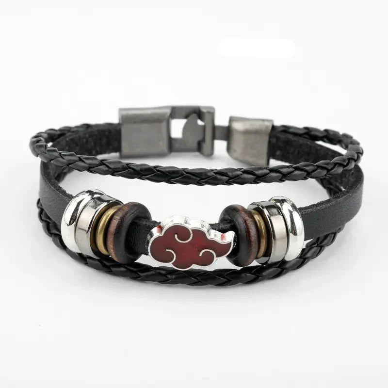 Uzumaki x Luffy x Levi Wrap Uzumaki-inspired leather bracelet flat lay - Black braided leather bracelet with metal beads 