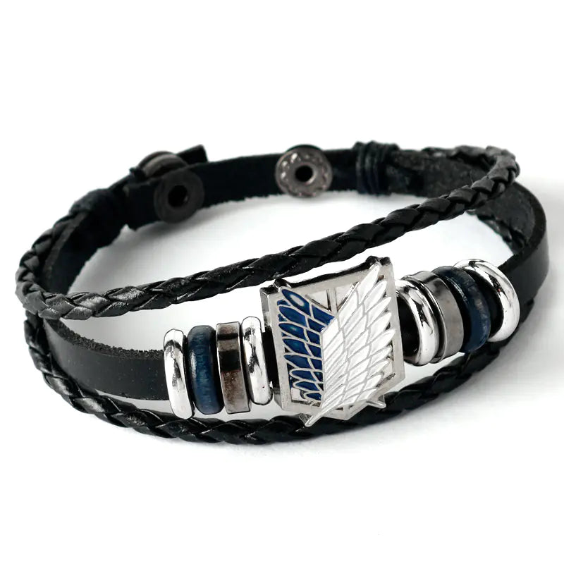 Uzumaki x Luffy x Levi Wrap anime-themed leather bracelet - Black braided leather bracelet with metal accents 