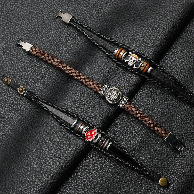 Uzumaki x Luffy x Levi Wrap anime character charm bracelet zoomed - Three braided leather bracelets with metal clasps 