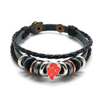 Uzumaki x Luffy x Levi Wrap - Black braided leather bracelet with metal and red cloud charm 