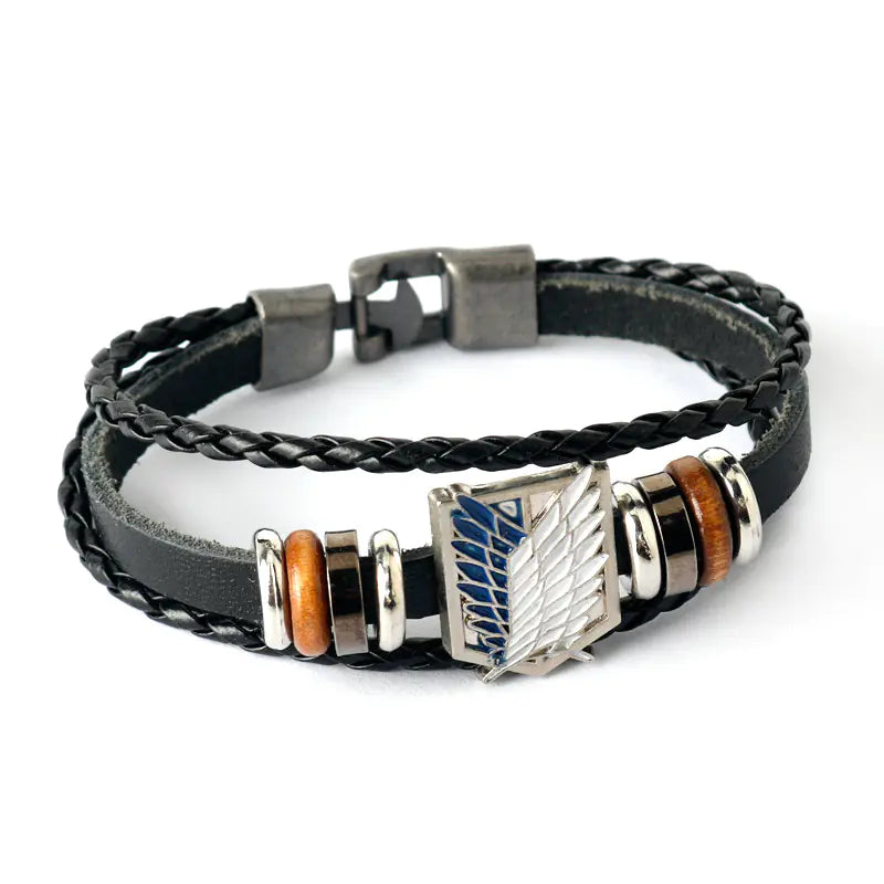 Uzumaki x Luffy x Levi Wrap - Black braided leather bracelet with metal and wooden accents
