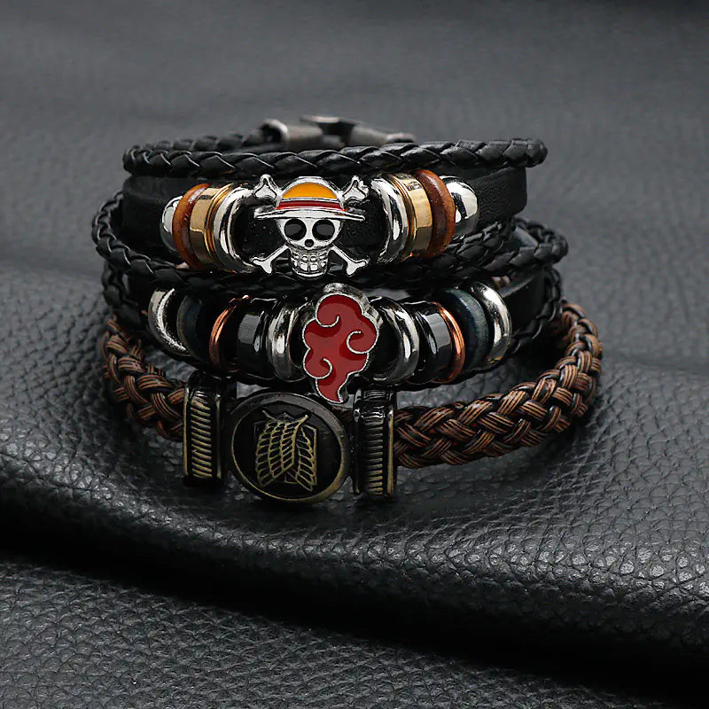 Uzumaki x Luffy x Levi Wrap cosplay-ready anime wrist wrap - Stack of leather bracelets with metal charms 