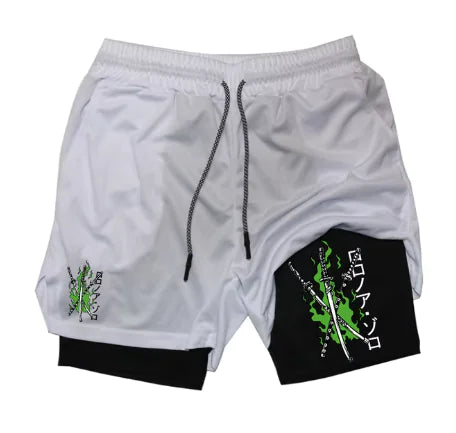 Shonen Realm Apparel men’s double-layer gym shorts with green sword design