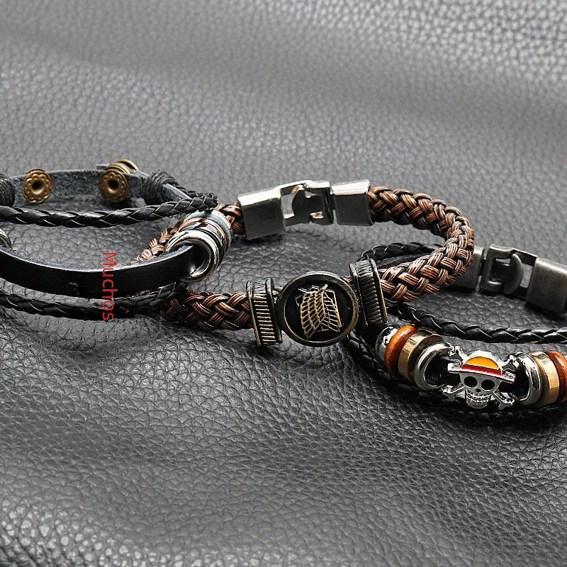 Uzumaki x Luffy x Levi Wrap stylish anime leather bracelet with charm - Multi-layered bracelet with braided leather and metal beads