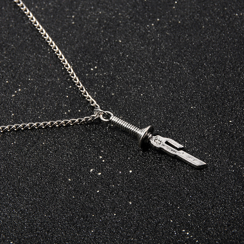 Silver anime-inspired hook pendant necklace from Shonen Realm Apparel
